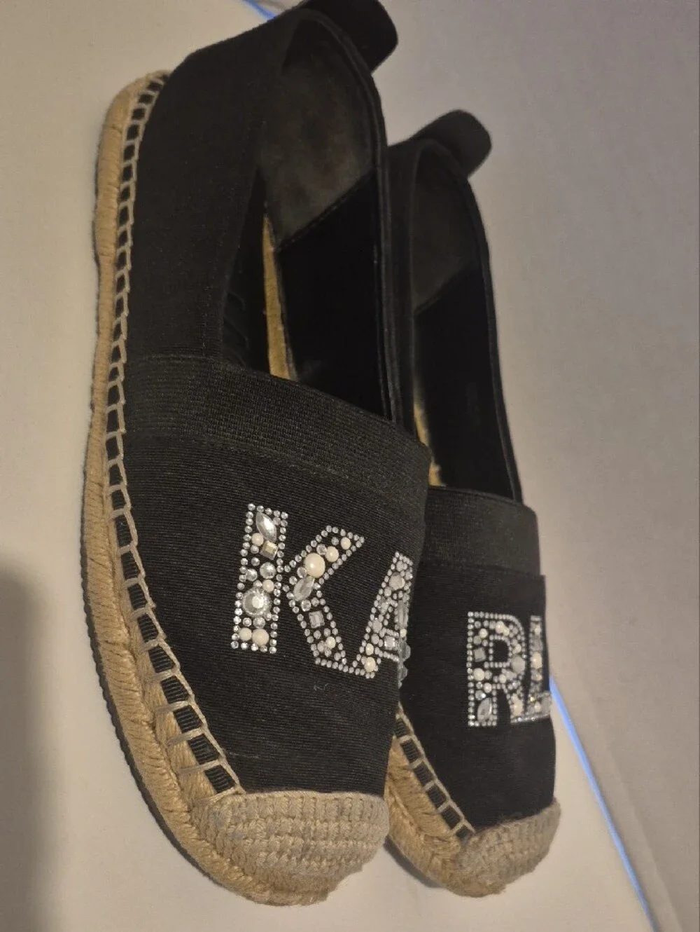 Karl Lagerfeld Black Espadrille Slip-On Flats with Crystal Logo